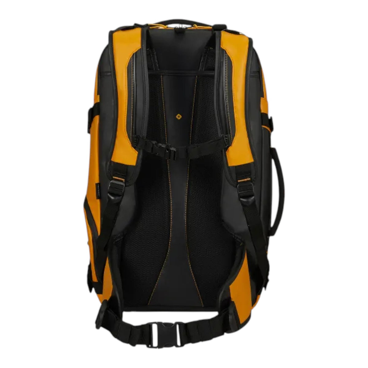Lieblingstasche Ecodiver Travel Backpack S 38L in black and yellow, made from recycled material with padded straps and waist belt.