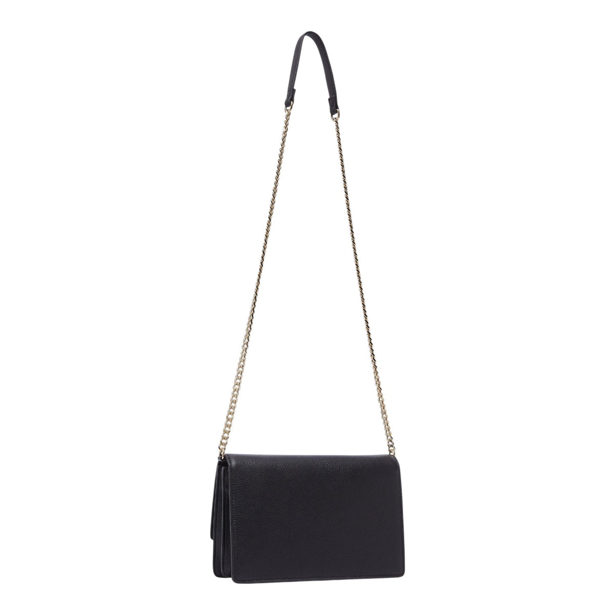 Lieblingstasche ECS Crossbody S in black leather with a gold chain shoulder strap against a plain background