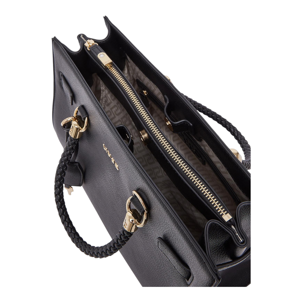 Lieblingstasche ECS Tote M in black leather with braided handles and gold-tone hardware, top view of interior