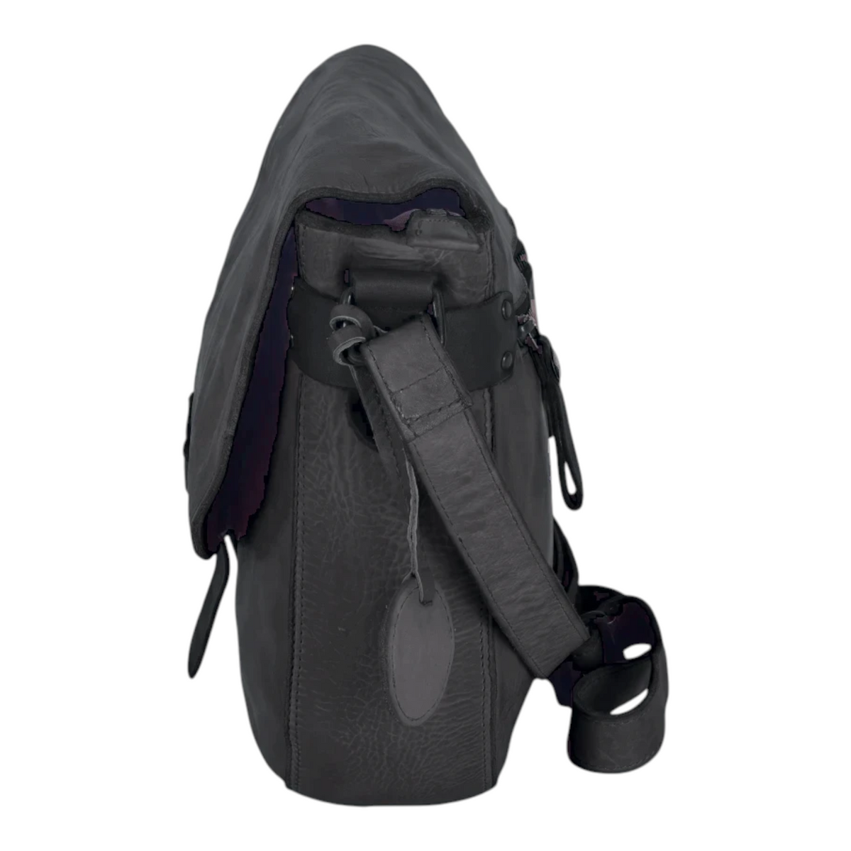 Lieblingstasche Emmeline black leather messenger bag with adjustable shoulder strap and flap closure