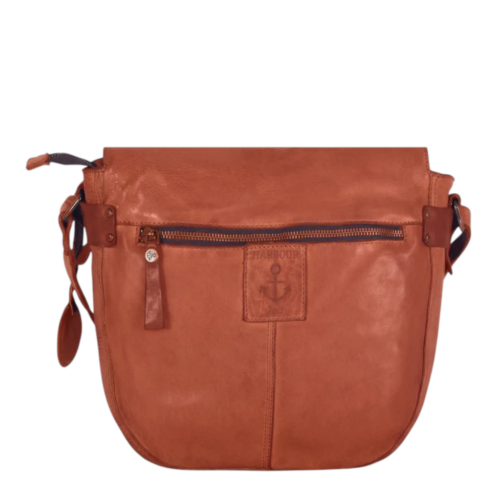 Lieblingstasche Emmeline cognac brown leather crossbody bag with front zipper pocket and embossed anchor logo