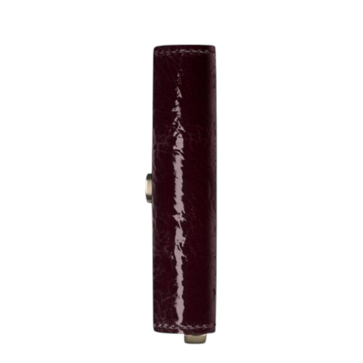 Side view of a Lieblingstasche Envelope Premium Naplak wallet in glossy dark burgundy patent leather