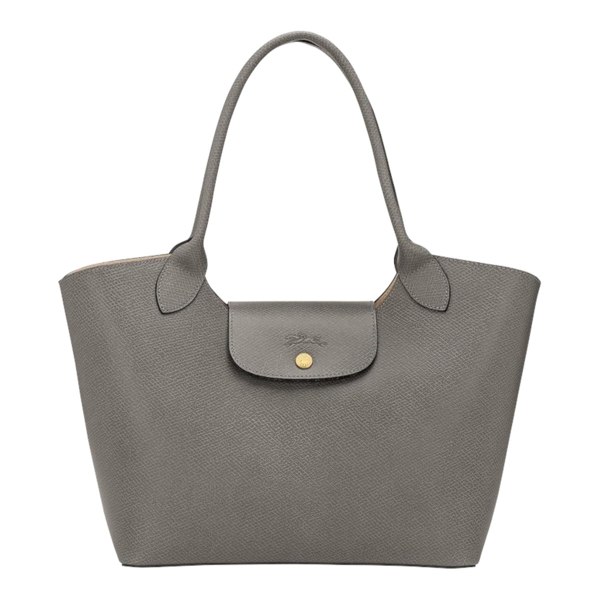 Lieblingstasche Epure Schultertasche L in grey grained leather with a gold-tone snap button closure.