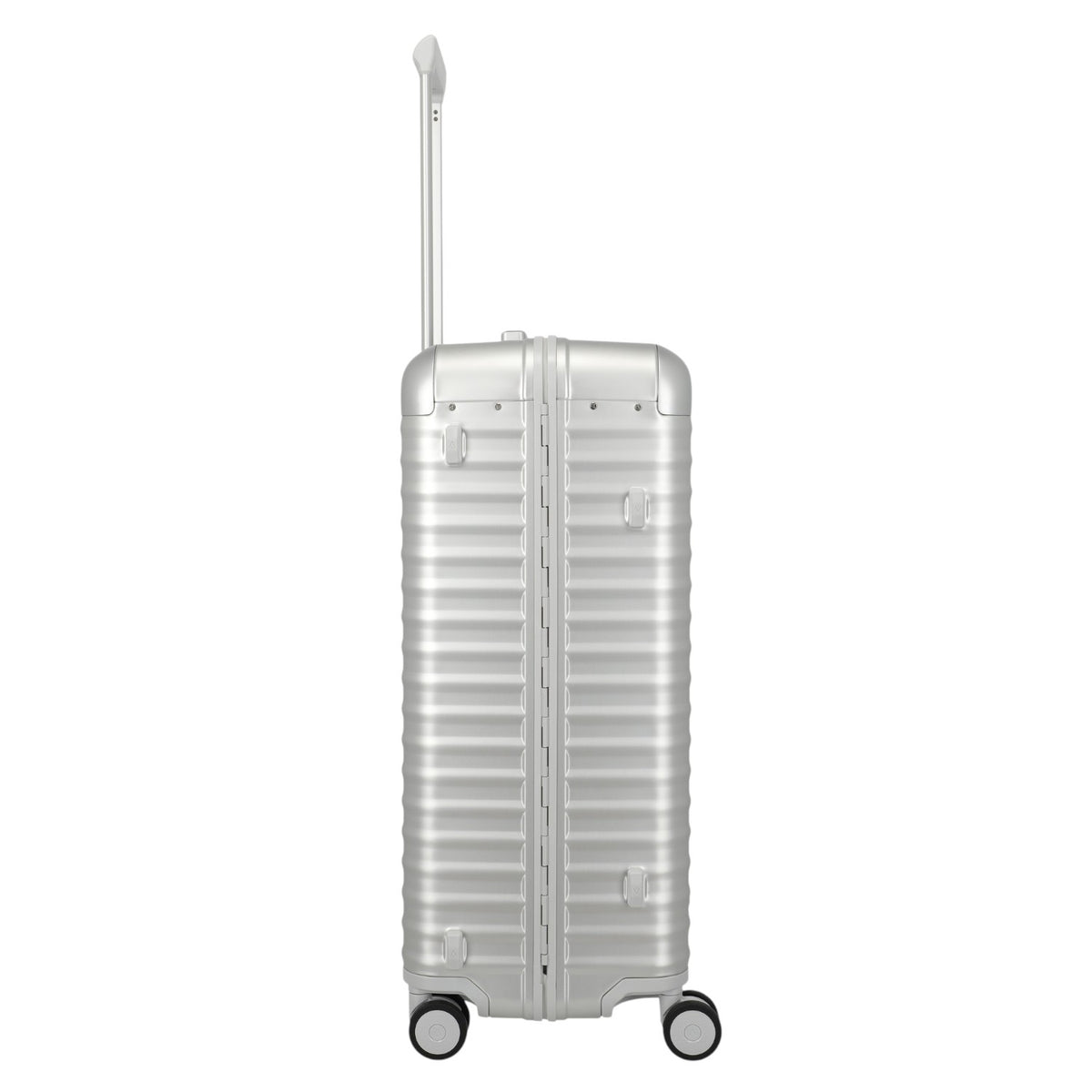 Lieblingstasche Eternity 4W Trolley L, silver aluminium suitcase with plastic frame, leather handles, and spinner wheels.