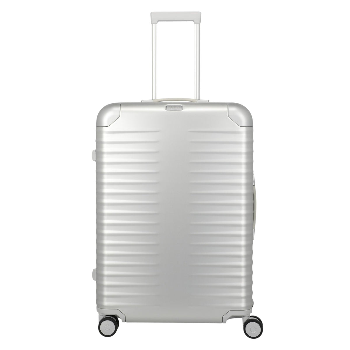 Lieblingstasche Eternity 4W Trolley L, silver aluminium suitcase with ribbed texture, telescopic handle, and spinner wheels.