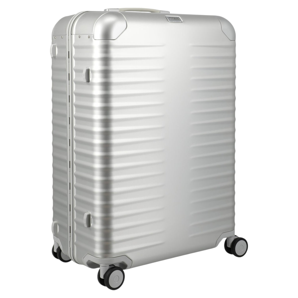 Lieblingstasche Eternity L silver aluminium suitcase with ribbed texture, leather handles, and spinner wheels.