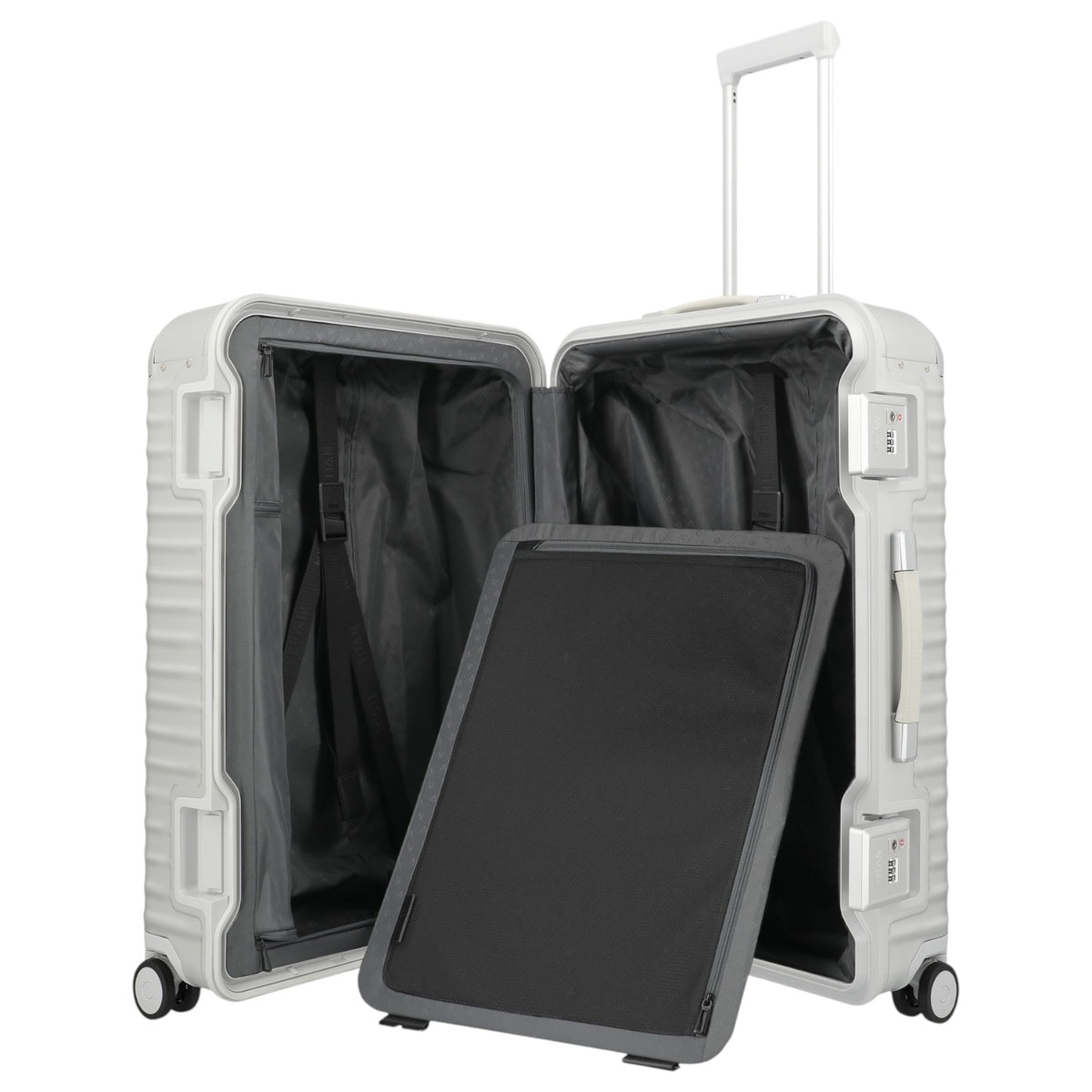 Lieblingstasche Eternity L white aluminium suitcase with TSA lock and leather handles, open to show interior.