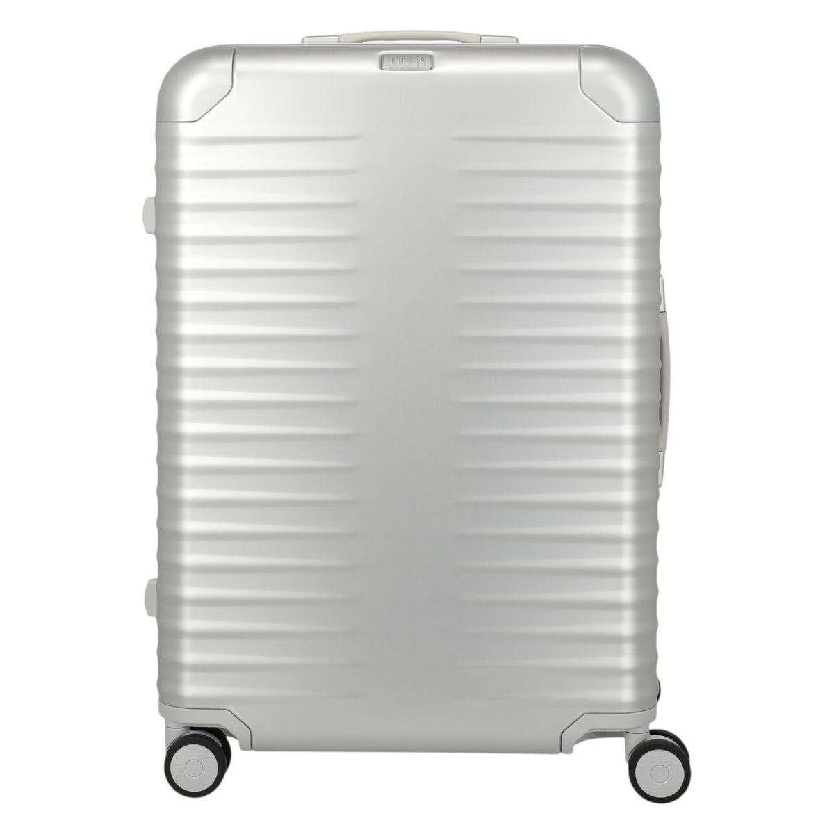 Lieblingstasche Eternity 4W Trolley L silver aluminium suitcase with ribbed texture, leather handles, and spinner wheels.