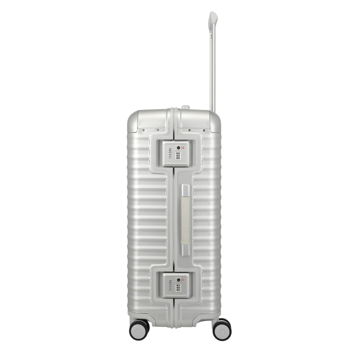 Lieblingstasche Eternity 4W Trolley L, silver aluminum suitcase with TSA lock and telescopic handle, ideal for long trips.