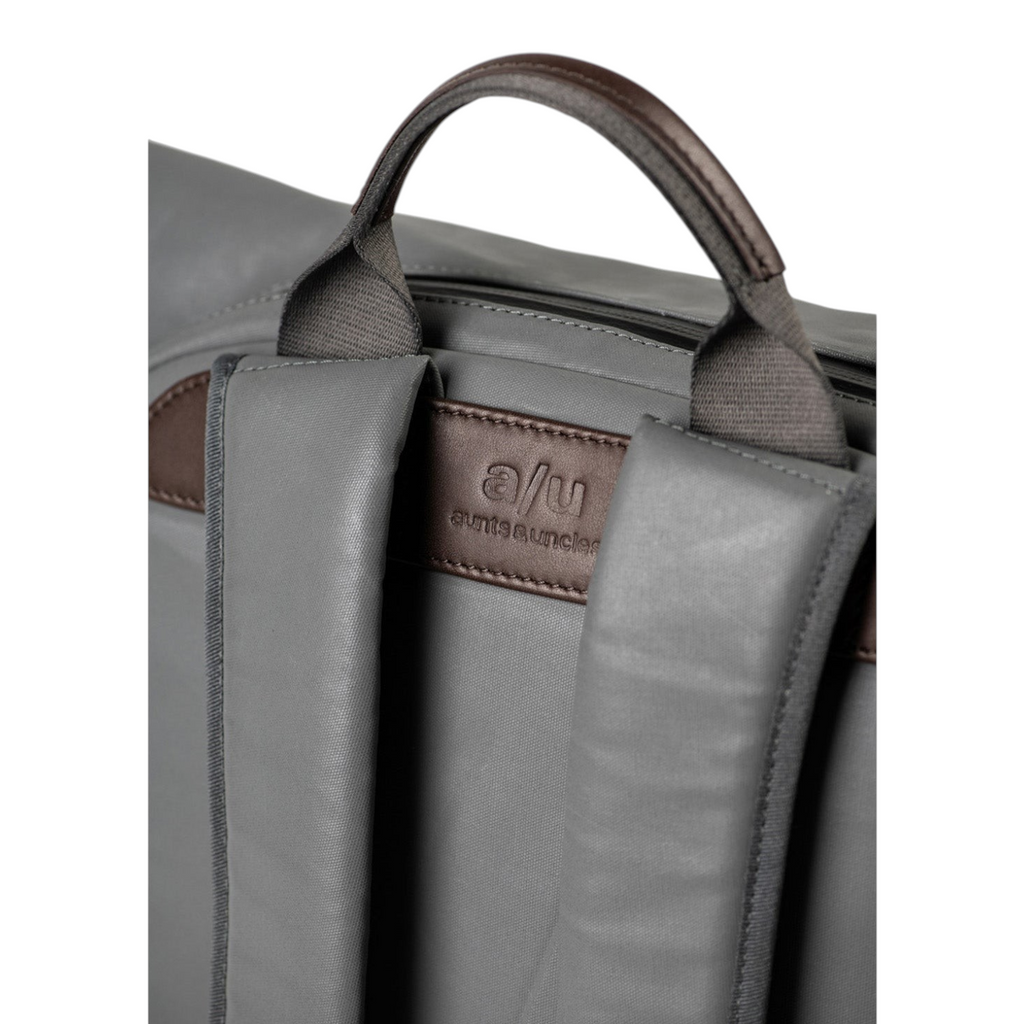 Lieblingstasche a/u by aunts & uncles Fukui backpack in grey coated canvas with brown leather details and shoulder straps