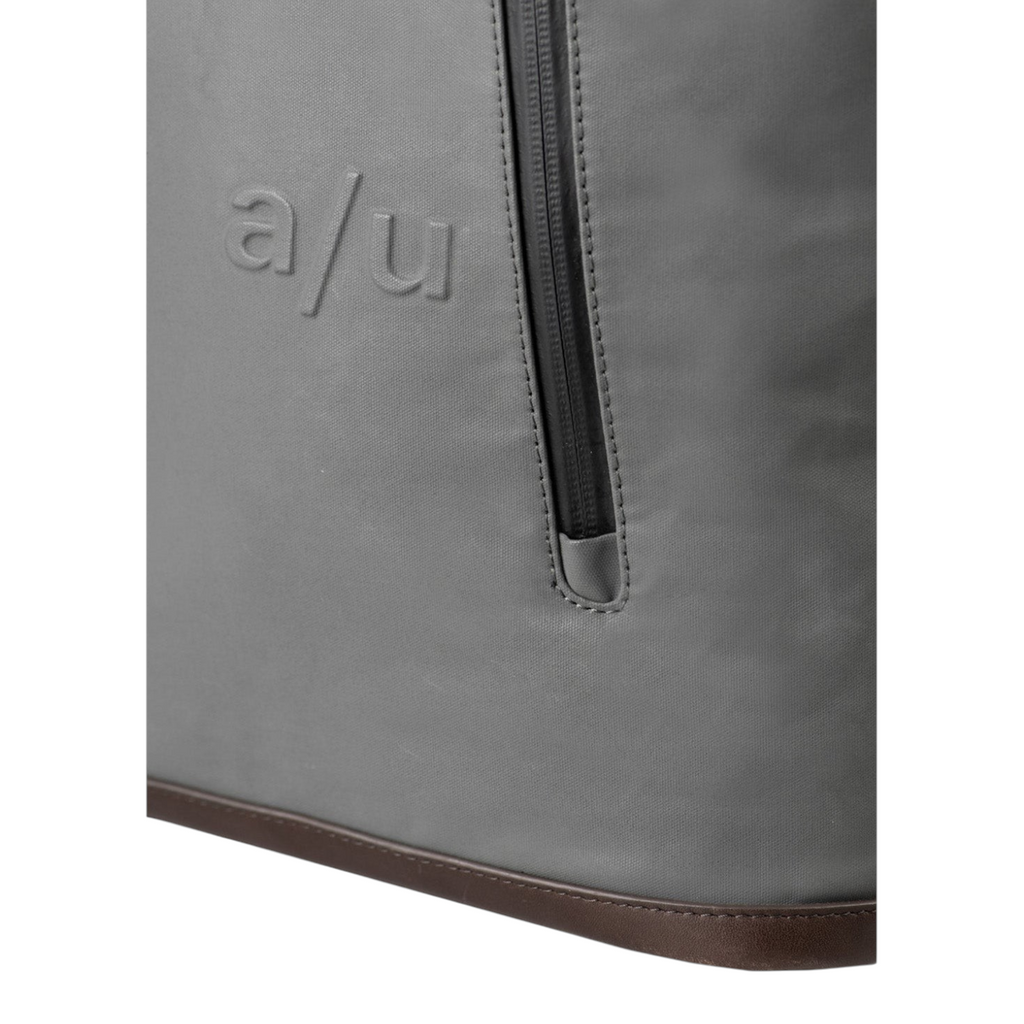 Lieblingstasche a/u by aunts & uncles Fukui grey coated canvas rolltop backpack with leather trim and front zipper