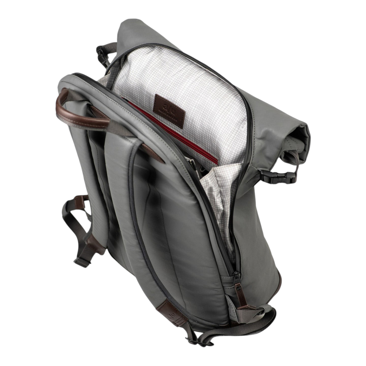 Lieblingstasche a/u by aunts & uncles Fukui grey rolltop backpack with leather details and open back zipper access