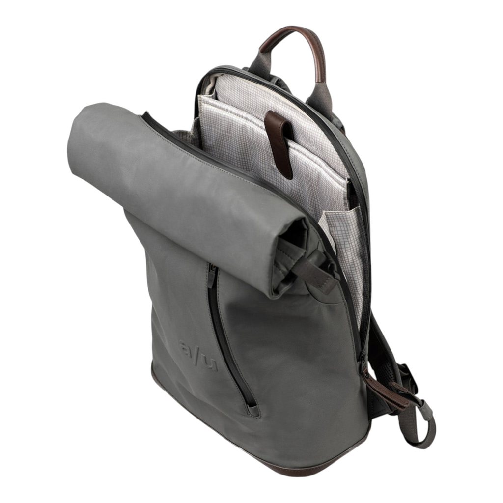 Lieblingstasche a/u by aunts & uncles Fukui grey rolltop backpack with leather details and open main compartment