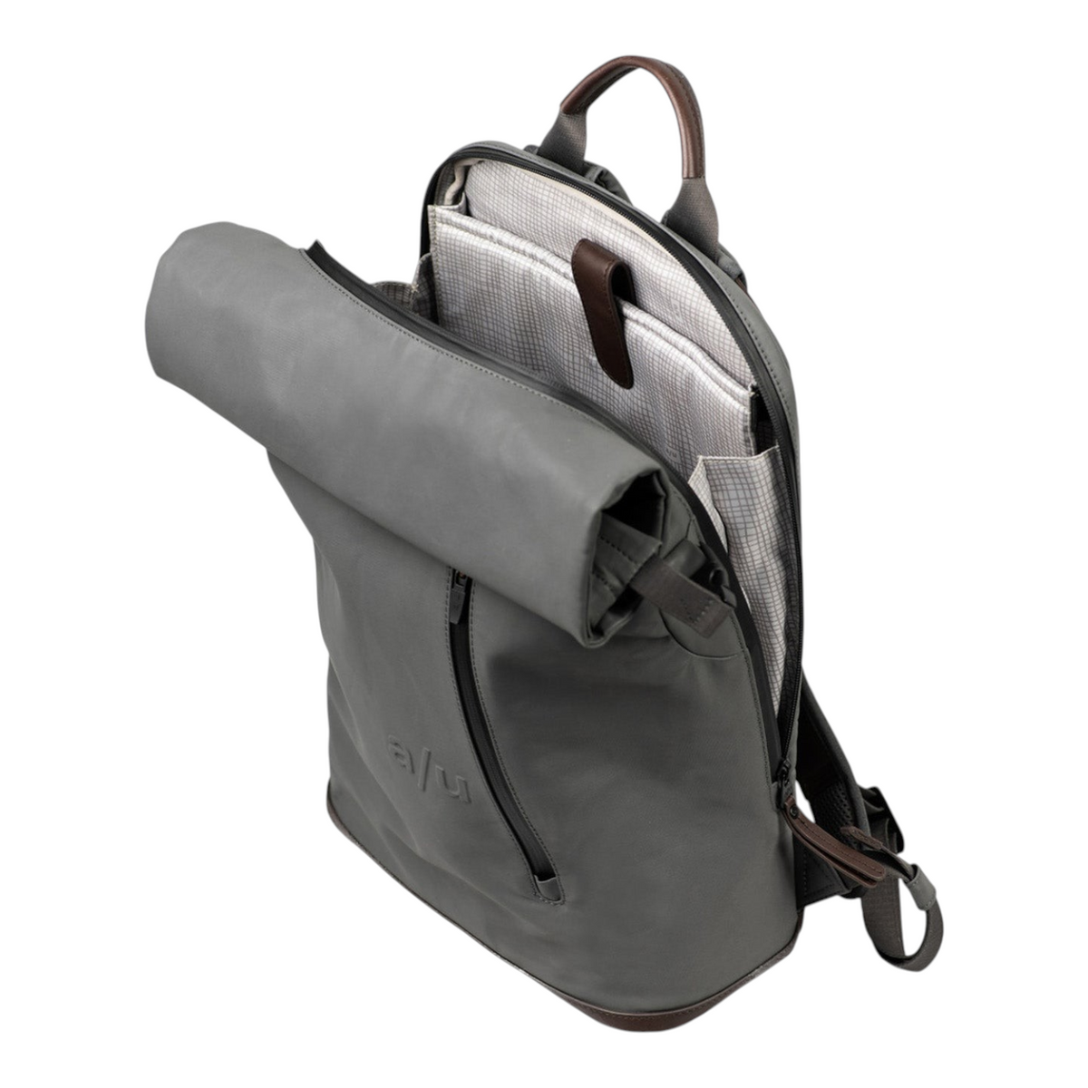 Lieblingstasche a/u by aunts & uncles Fukui grey rolltop backpack with leather details and open main compartment