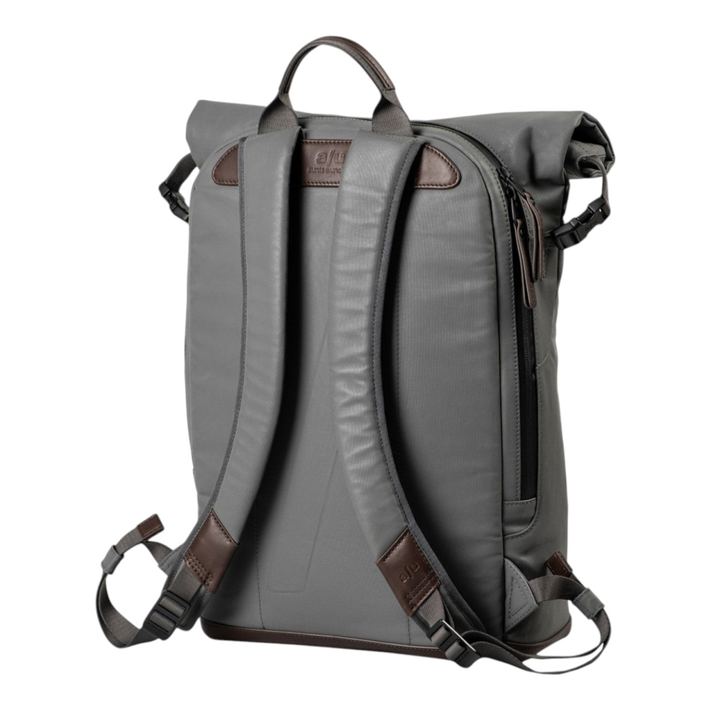 Lieblingstasche a/u by aunts & uncles Fukui grey rolltop backpack with brown leather details and padded straps