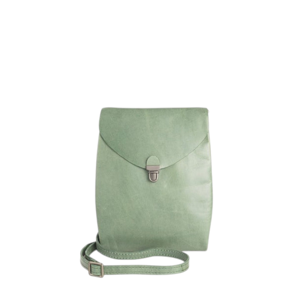 Lieblingstasche light green leather fold-over clutch handbag with silver clasp and adjustable strap.