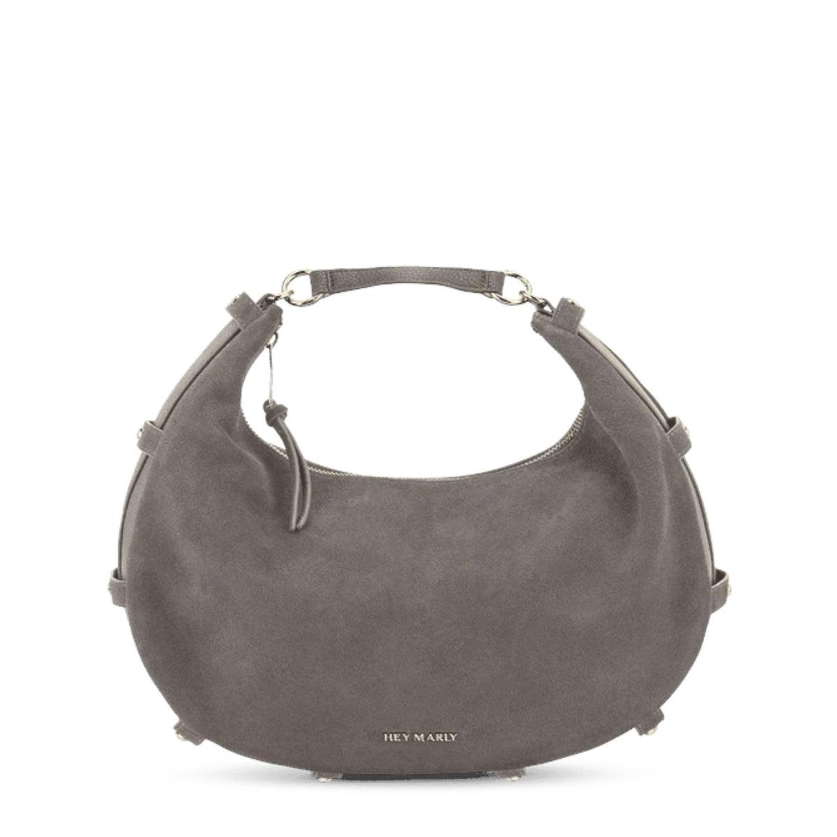 Lieblingstasche Lifetime Sister suede hobo bag in grey with a curved silhouette and silver hardware details.