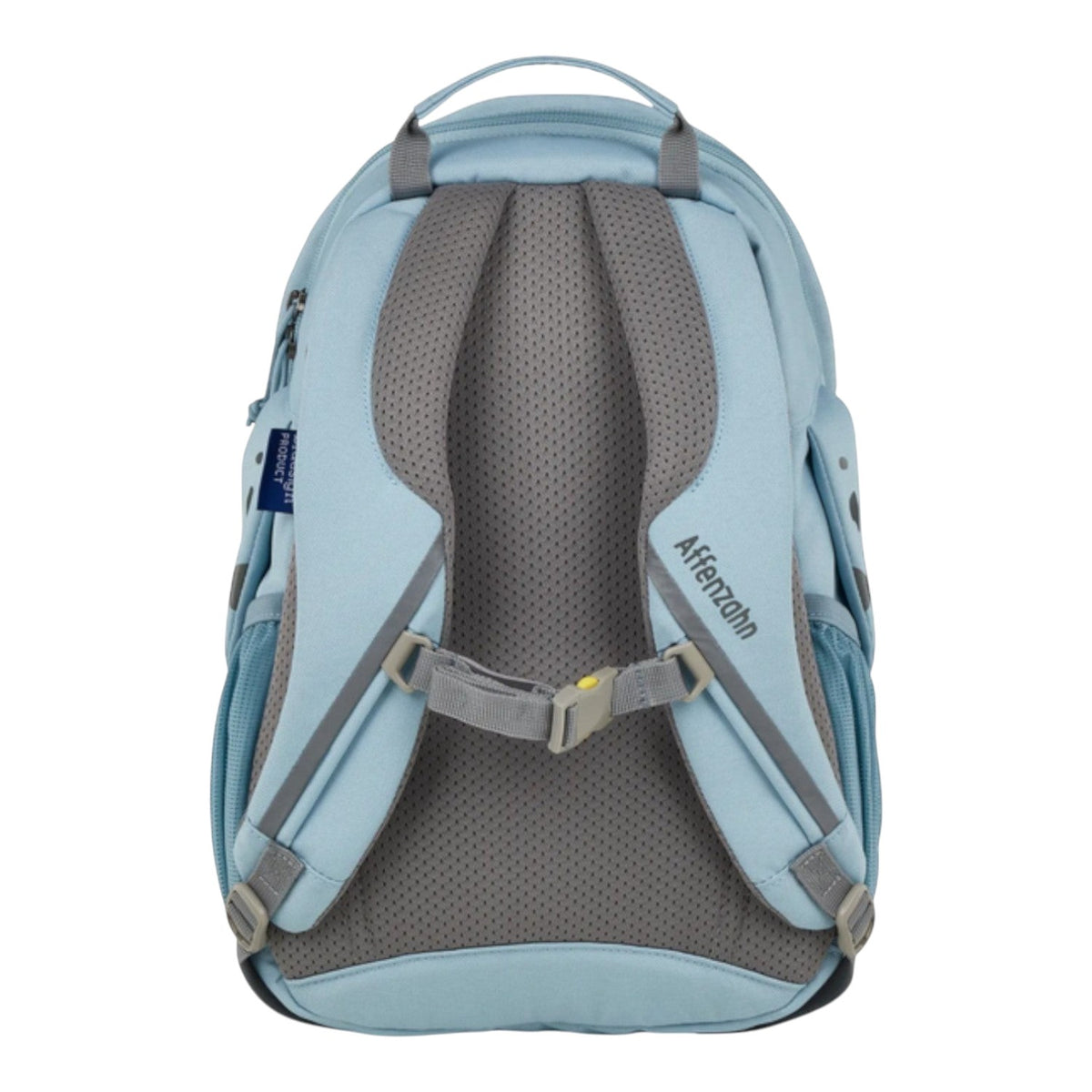 Lieblingstasche Großer Freund light blue backpack with grey padded straps and mesh back panel.