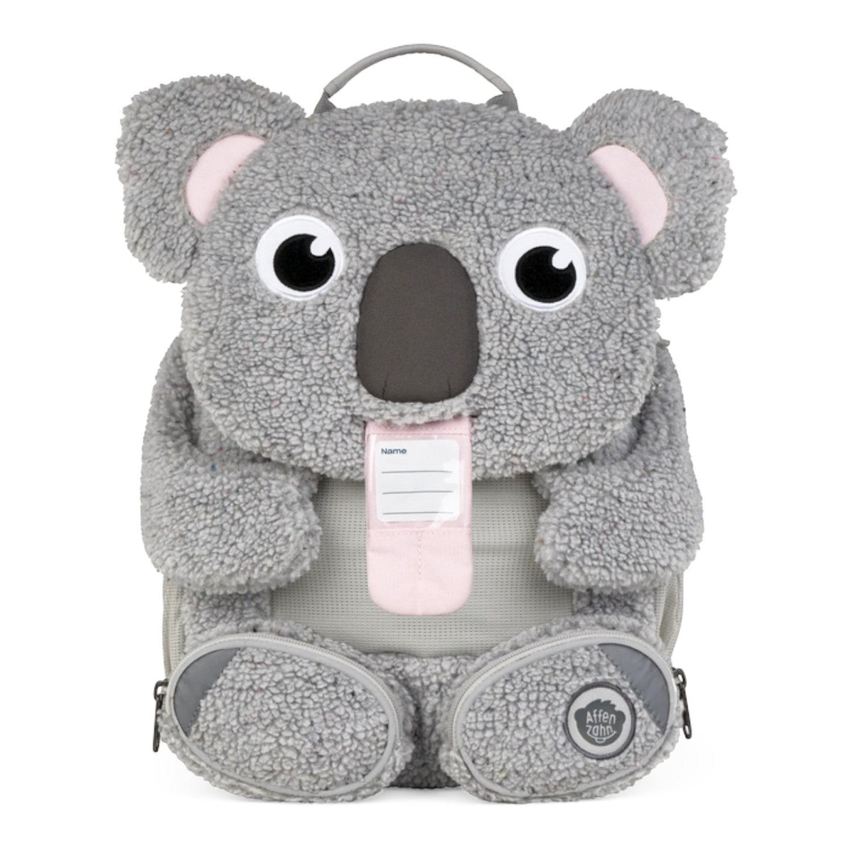 Lieblingstasche Großer Freund koala backpack in grey plush fabric with a pull-out name tag tongue