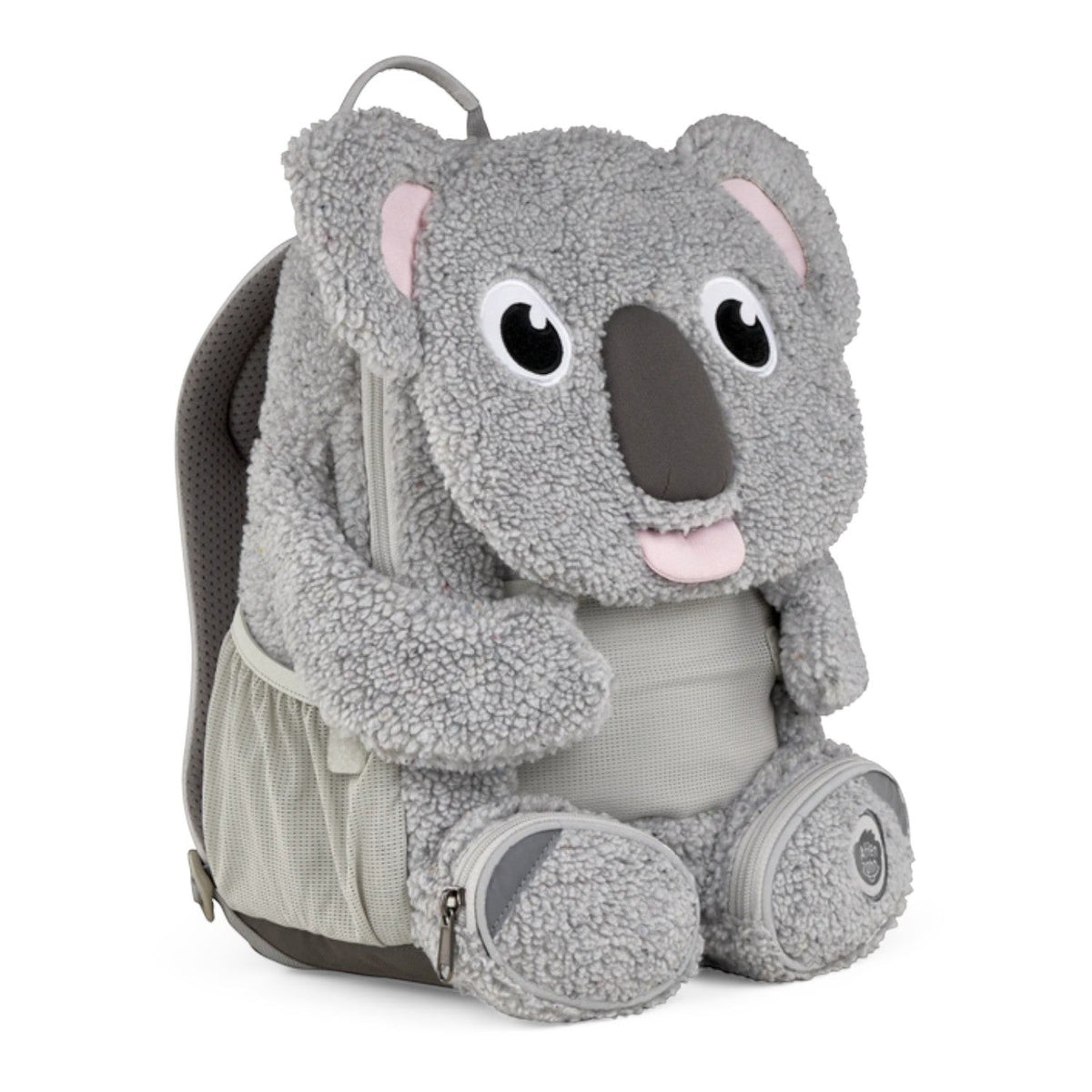 Lieblingstasche Großer Freund koala backpack in grey plush fabric with cute animal features and side mesh pockets