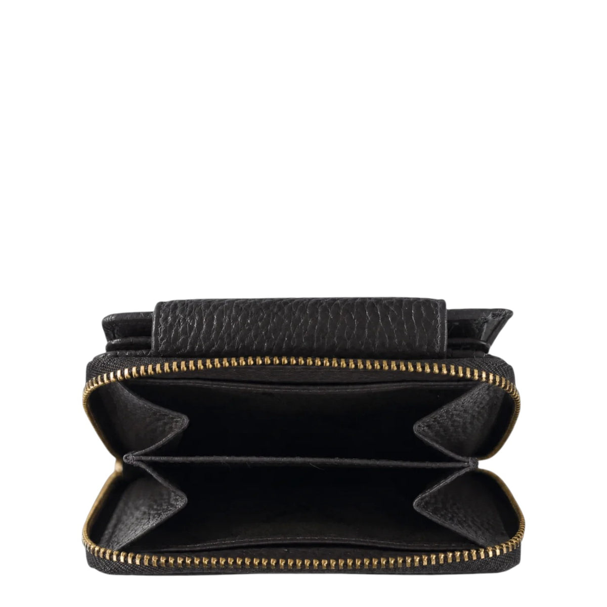 Lieblingstasche Hanna RFID wallet in black grained leather with an open zippered coin compartment and gold hardware