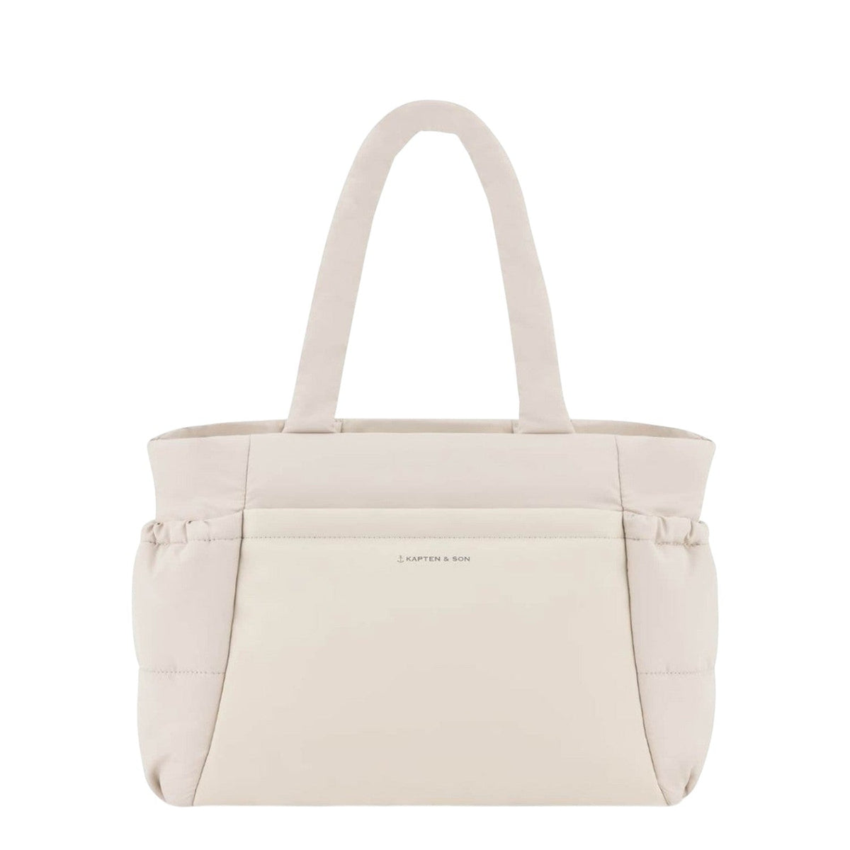 Lieblingstasche Hellvi Cloud Medium tote bag in beige with quilted padding, side bottle pockets, and top handles.