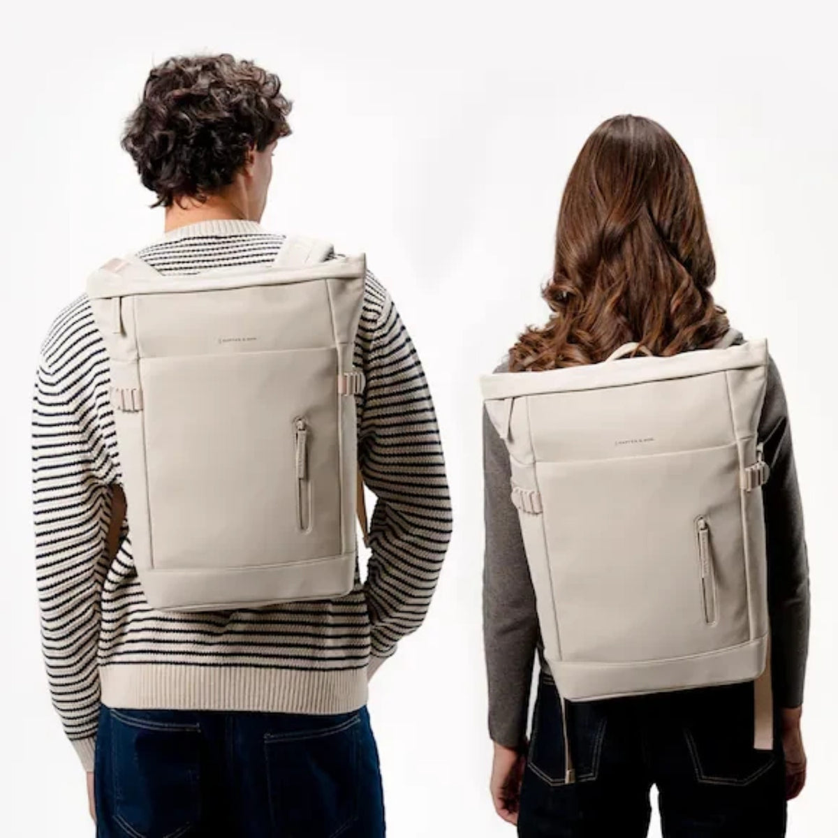 Lieblingstasche Helsinki beige rolltop backpack worn by a man and woman showing front and back views