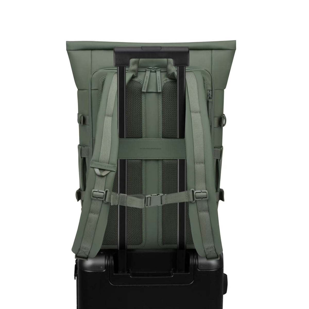Lieblingstasche Helsinki Pro olive green rolltop backpack back view with luggage trolley strap