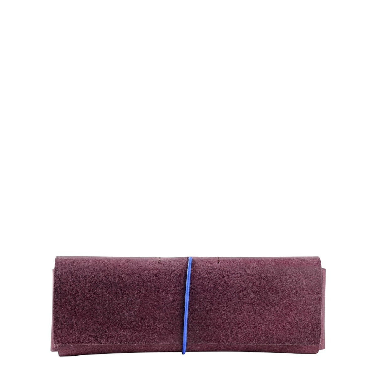 Lieblingstasche Keeper Etui in dark purple suede leather with a contrasting blue elastic band closure