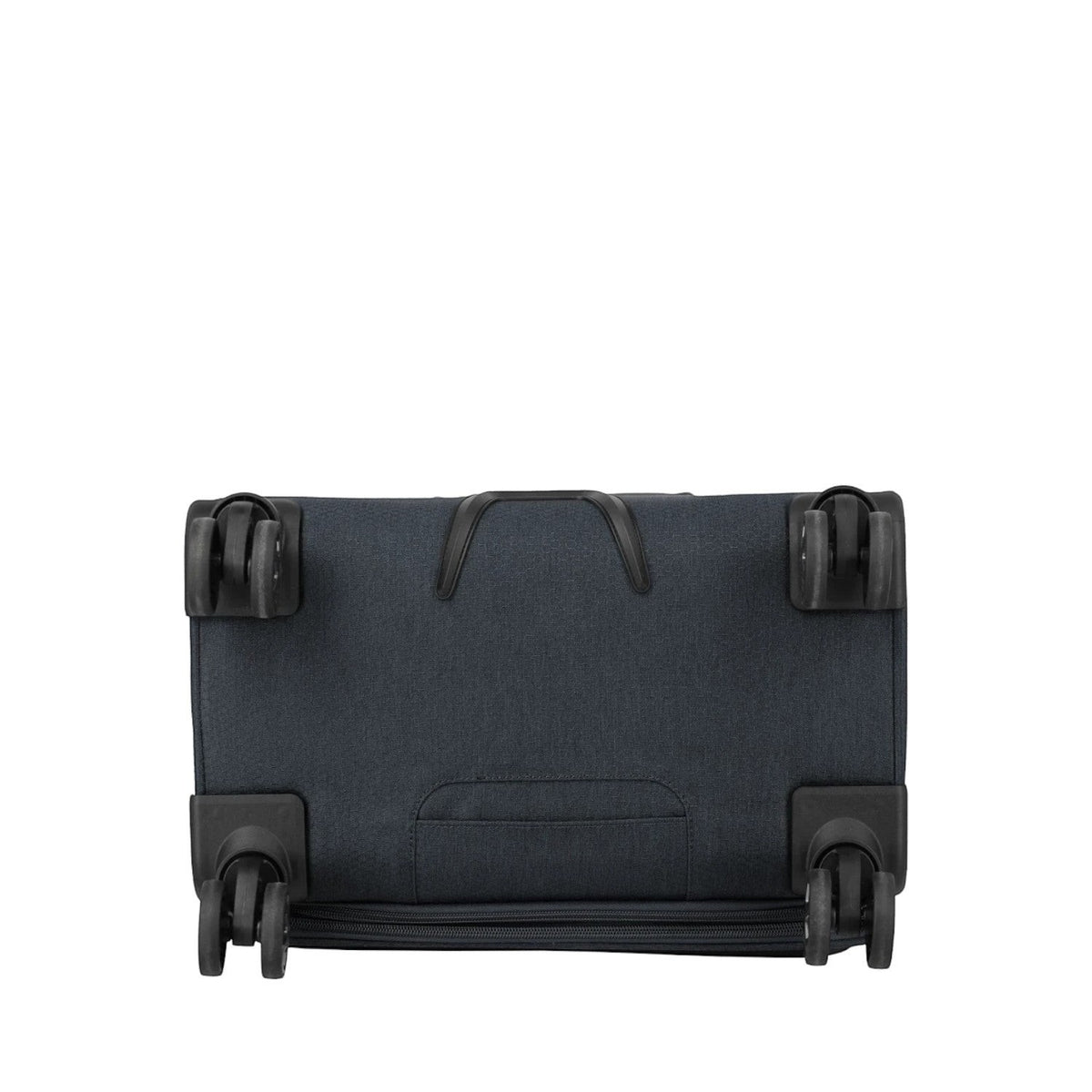 Bottom view of the Lieblingstasche KICK OFF Trolley 4w S showing four black spinner wheels and durable fabric base.