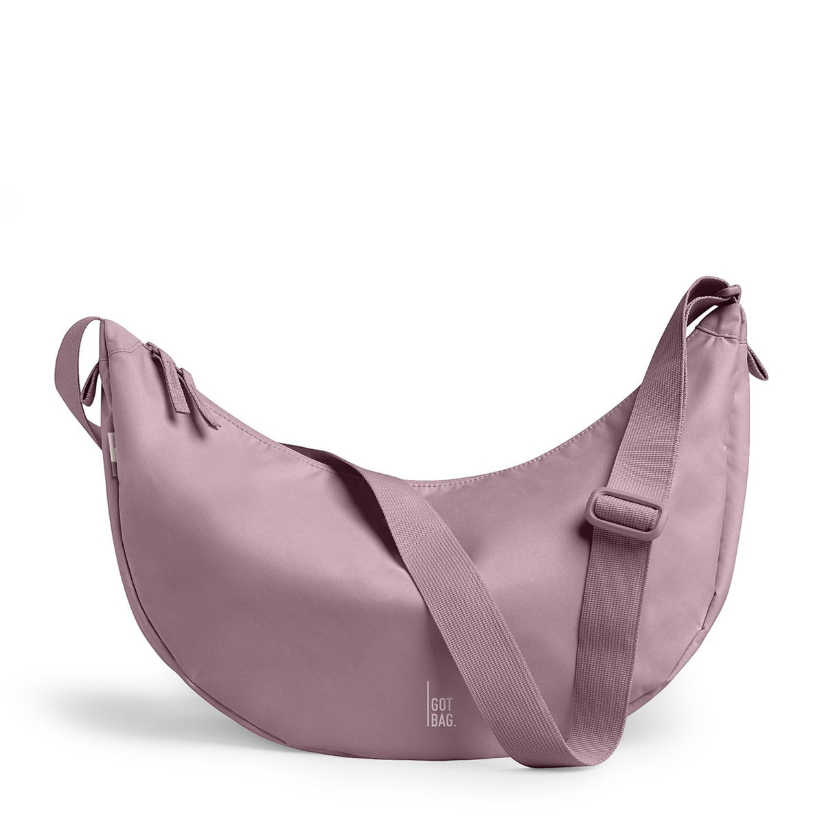 Lieblingstasche Large Moon Bag in dusty rose nylon with adjustable strap and dual zippers.