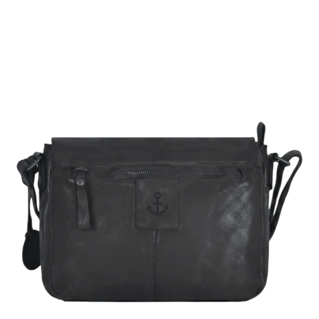 Lieblingstasche Laurel black leather crossbody bag with an embossed anchor logo and front zipper pocket