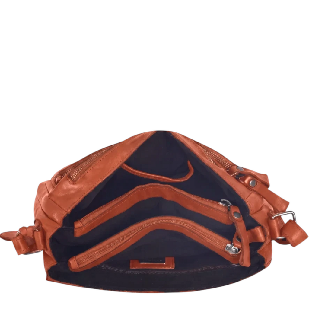 Lieblingstasche Laurel cognac brown leather crossbody bag with multiple zippered interior compartments