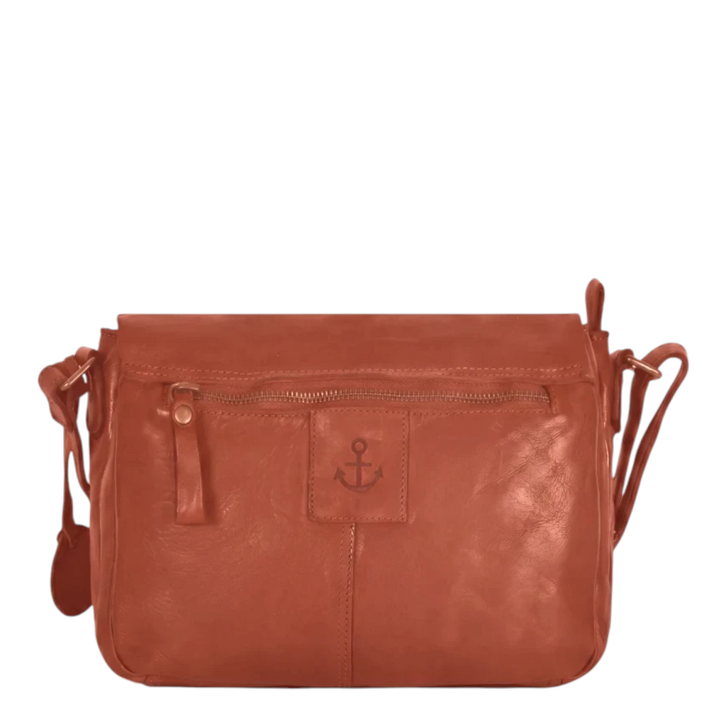 Lieblingstasche Laurel cognac brown leather crossbody bag with a front zipper pocket and embossed anchor logo