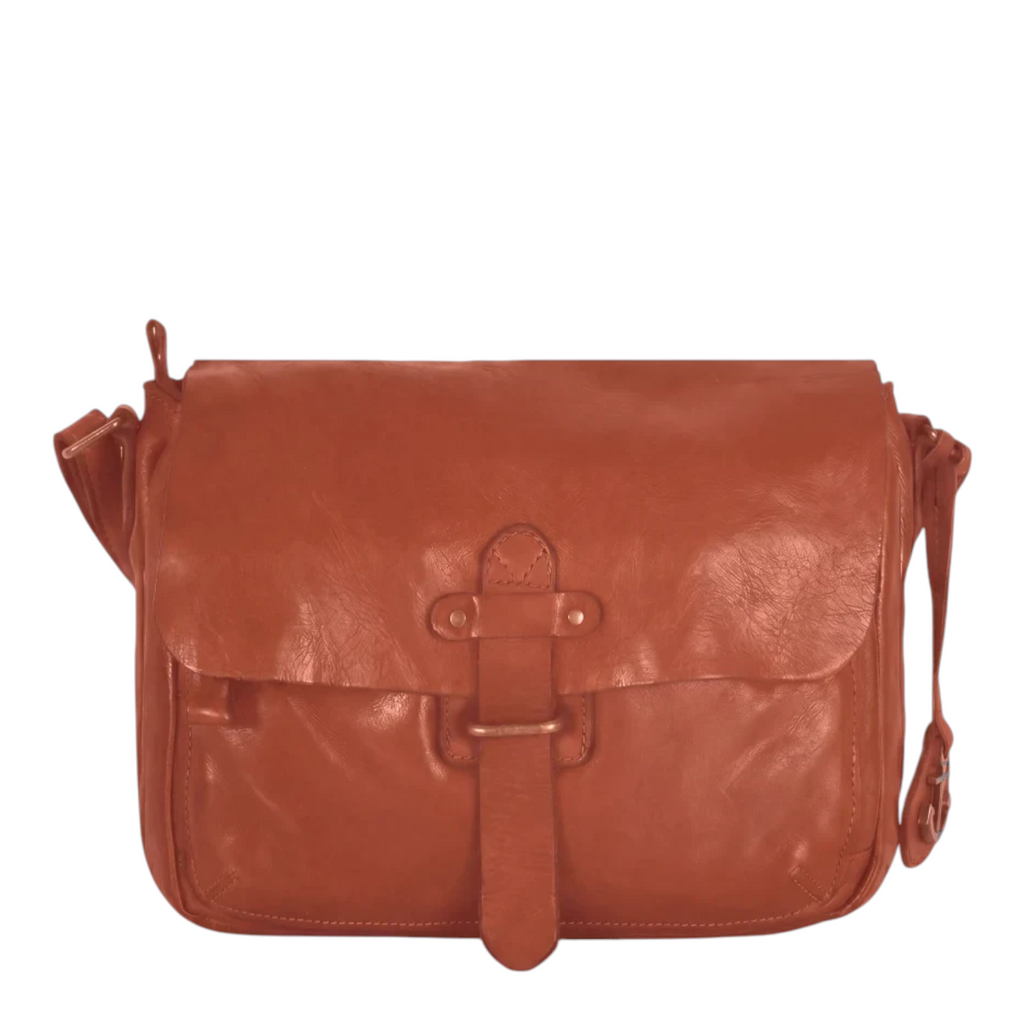 Lieblingstasche Laurel cognac brown leather messenger bag with a front flap closure and adjustable shoulder strap