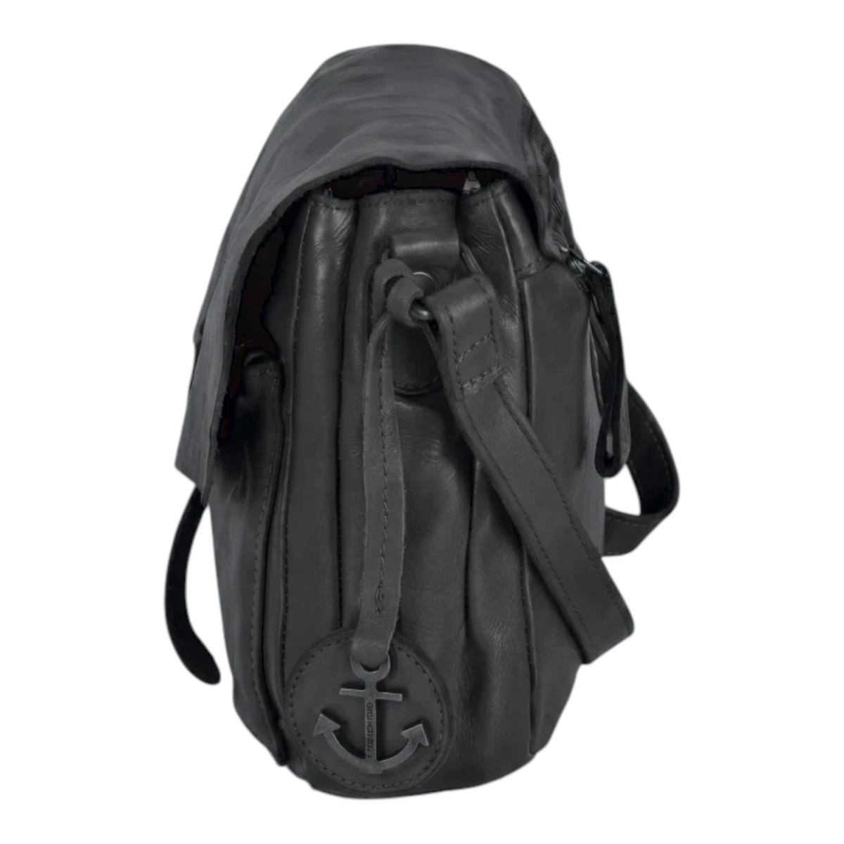 Lieblingstasche Laurel dark grey leather shoulder bag with side view and embossed anchor logo detail