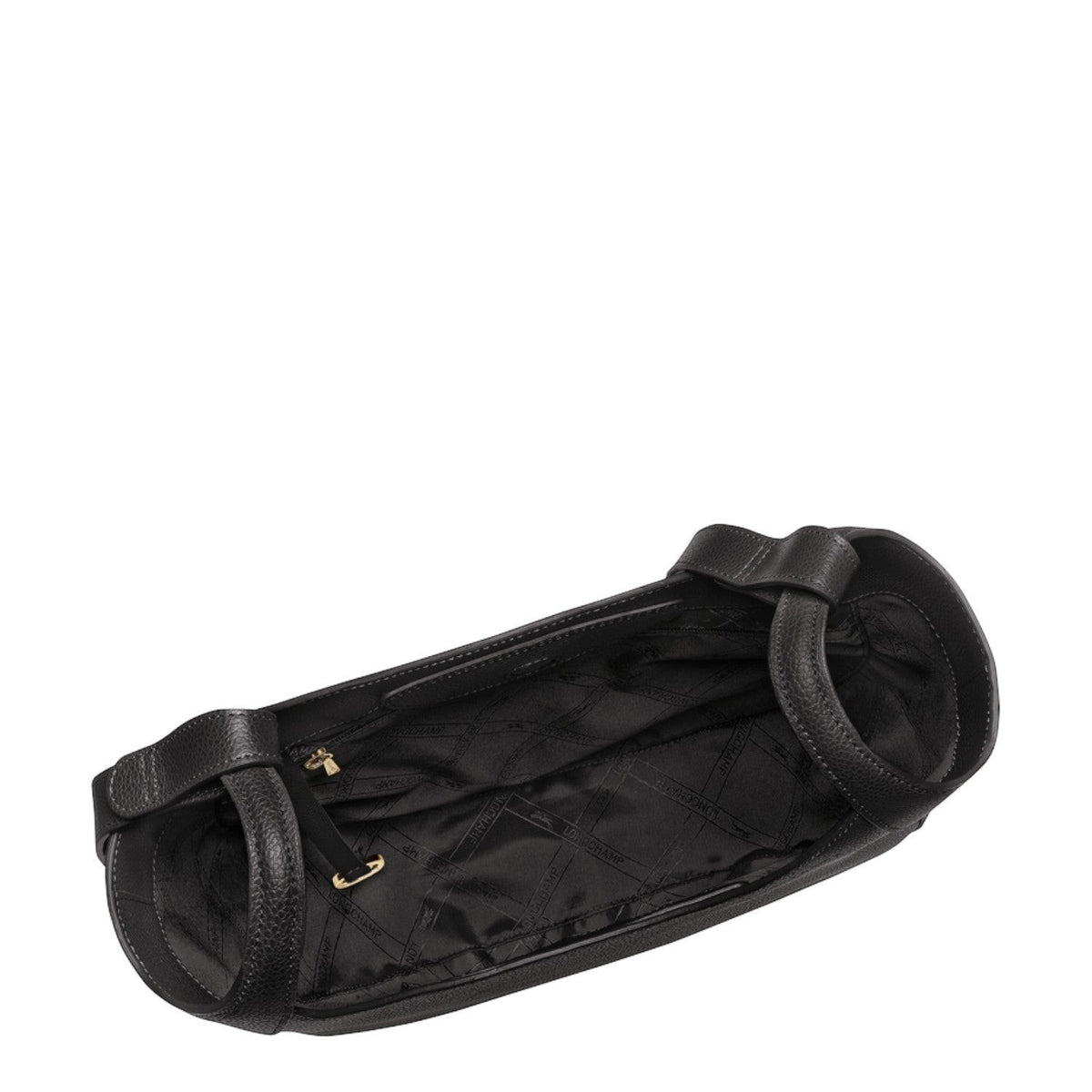 Lieblingstasche Le Foulonné black leather shoulder bag interior view with branded fabric lining and gold hardware