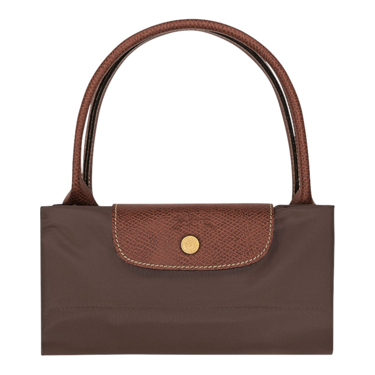 Lieblingstasche Le Pliage large handbag in brown nylon with brown leather flap and gold snap button closure