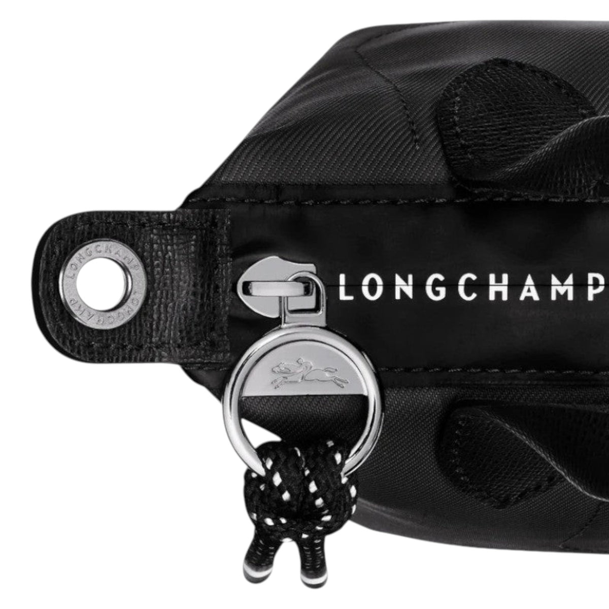 Lieblingstasche Le Pliage Energy XS black recycled nylon handbag with rope detail and silver horse logo zipper pull.