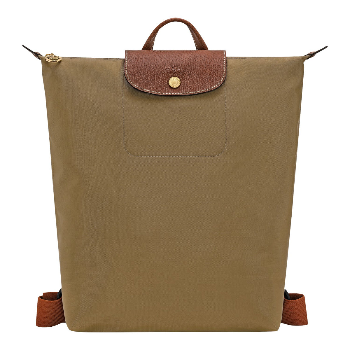 Lieblingstasche Le Pliage rucksack in khaki nylon with brown leather flap, gold snap button, and adjustable straps.