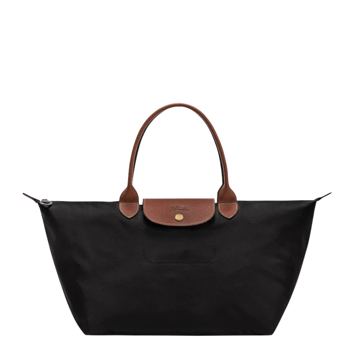 Lieblingstasche Le Pliage L black nylon tote bag with brown leather handles and trim.