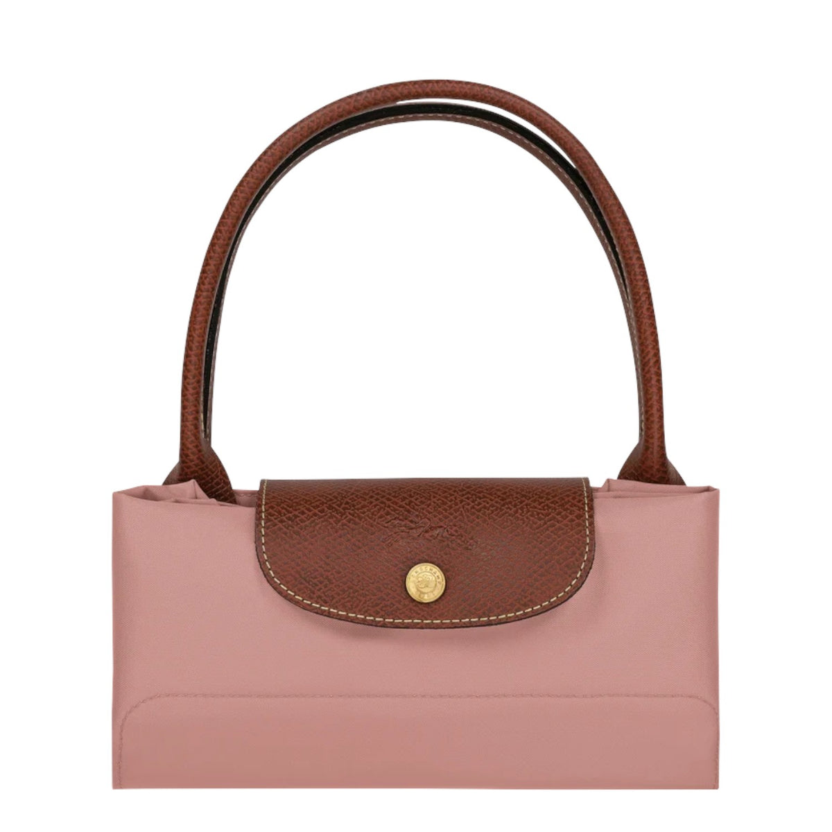Lieblingstasche Le Pliage L handbag in pink nylon with brown leather trim and handles. Features a snap closure.