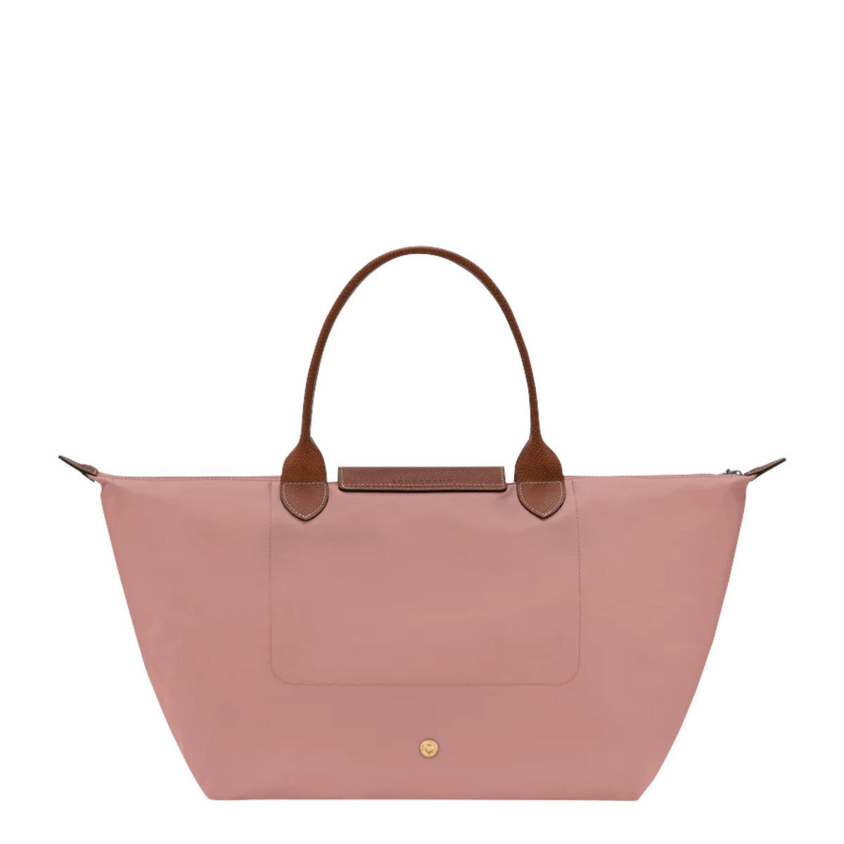 Lieblingstasche Le Pliage L rose nylon tote bag with brown leather handles and trim.
