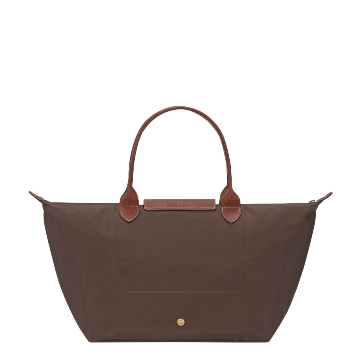 Lieblingstasche Le Pliage large brown nylon handbag with brown leather handles and gold snap button closure