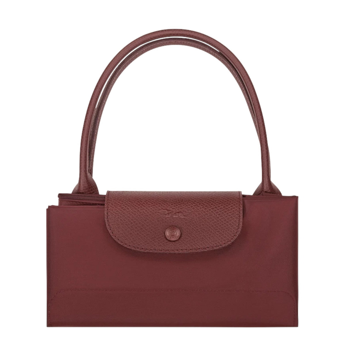Lieblingstasche Le Pliage One handbag in burgundy nylon and leather with snap closure and top handles.