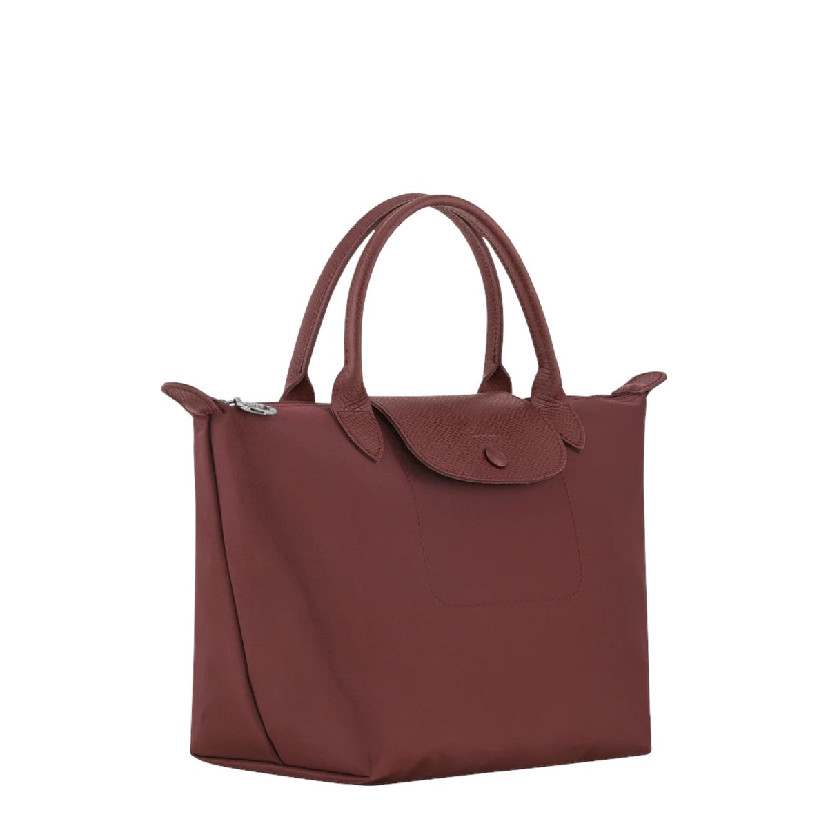 Lieblingstasche Le Pliage One handbag in burgundy nylon with leather trim and snap closure.