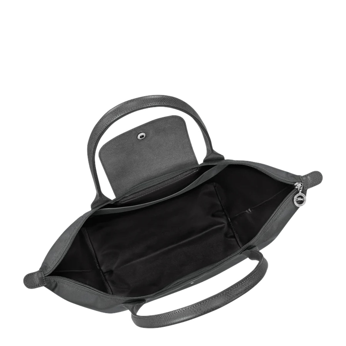 Lieblingstasche Le Pliage One L shoulder bag in dark grey nylon with leather handles and trim. Features a snap-button flap pocket inside.