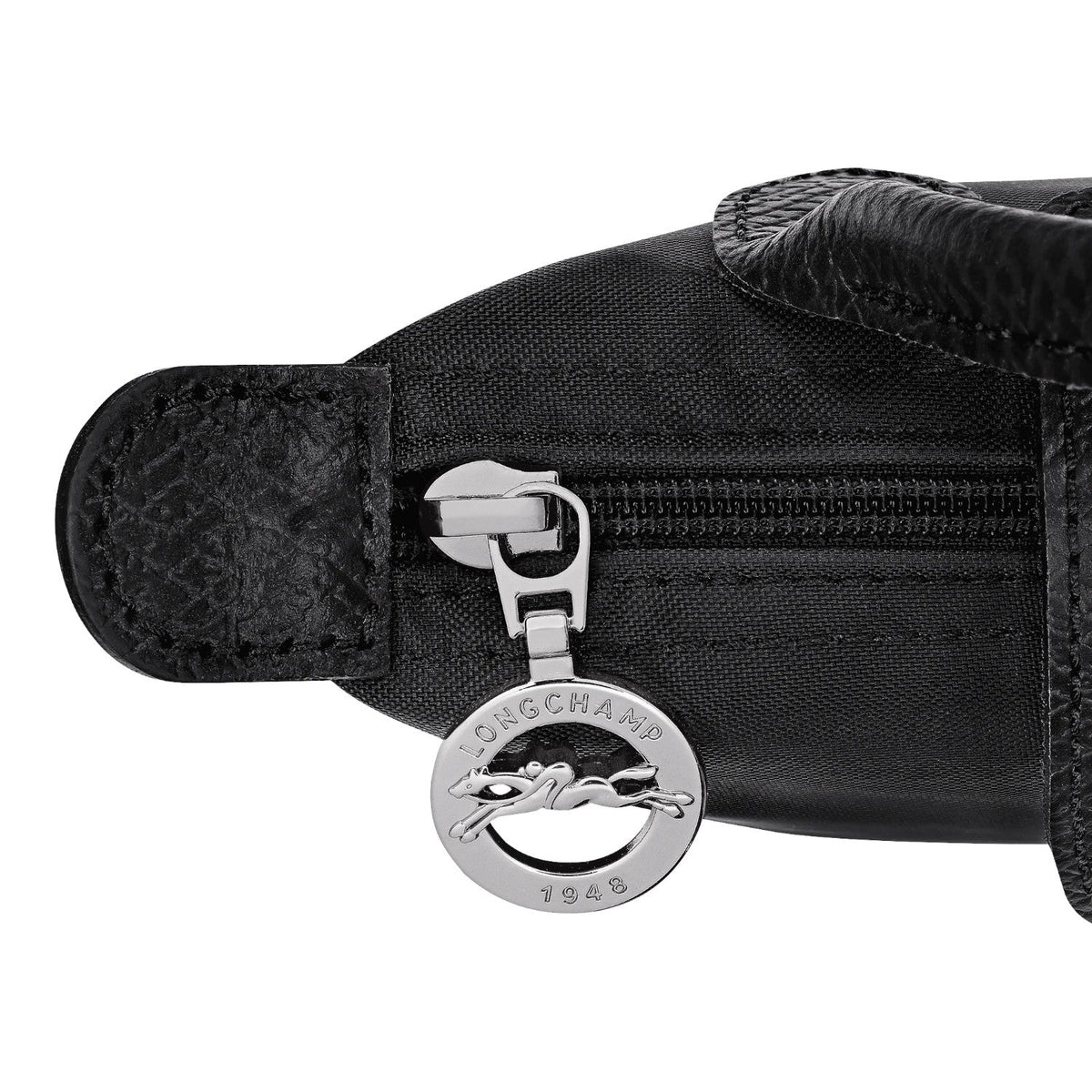 Lieblingstasche Le Pliage One Pochette black nylon and leather trim with signature horse logo zipper pull.