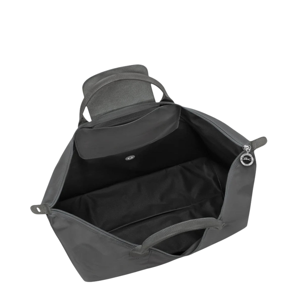 Lieblingstasche Le Pliage One Reisetasche L, large grey nylon travel bag with leather trim and zip closure.