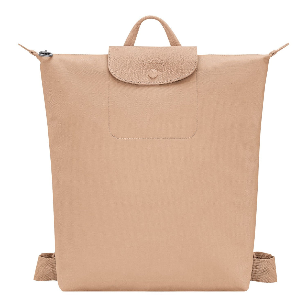 Lieblingstasche Le Pliage One Rucksack in beige nylon with leather flap and snap closure.